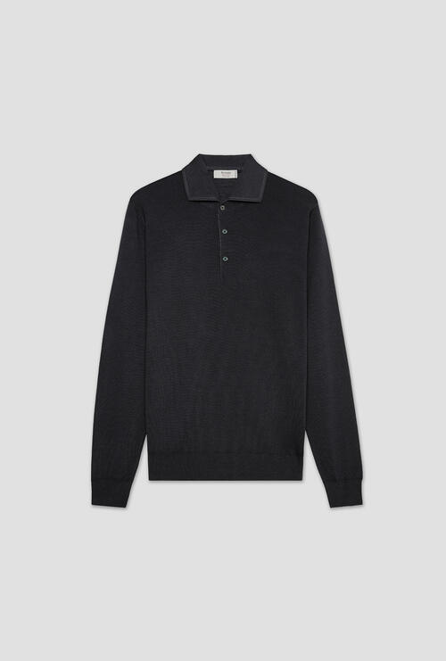 Tailored collar polo in wool and silk Dark Grey