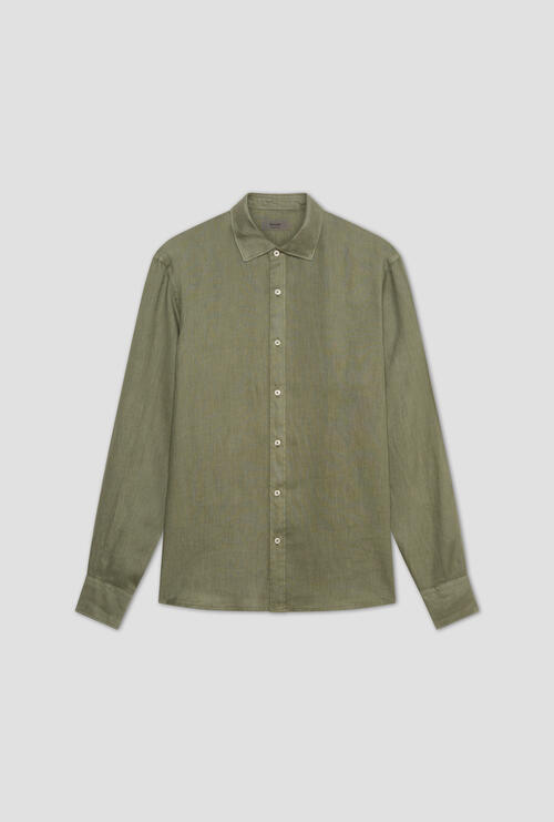 Camicia in lino con collo alla francese Verde oliva