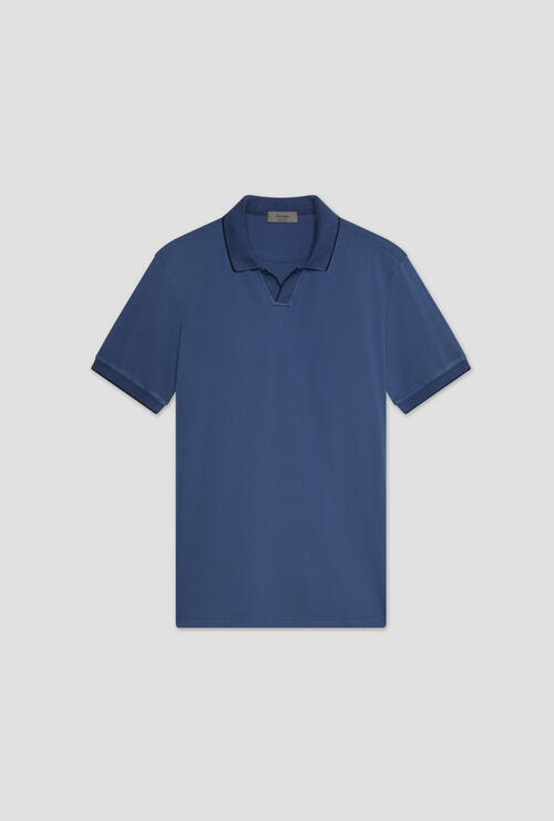 Garment dyed buttonless piqué polo shirt Blue